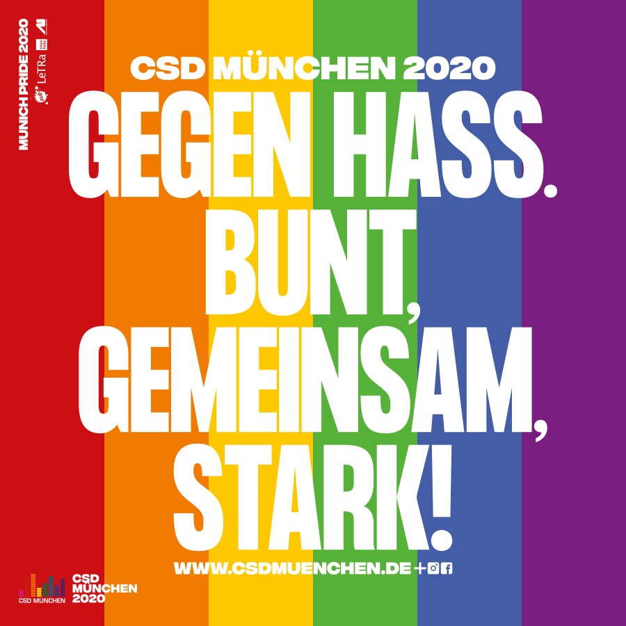 Münchner CSD-Motto 2020: Gegen Hass. Bunt, gemeinsam, stark!