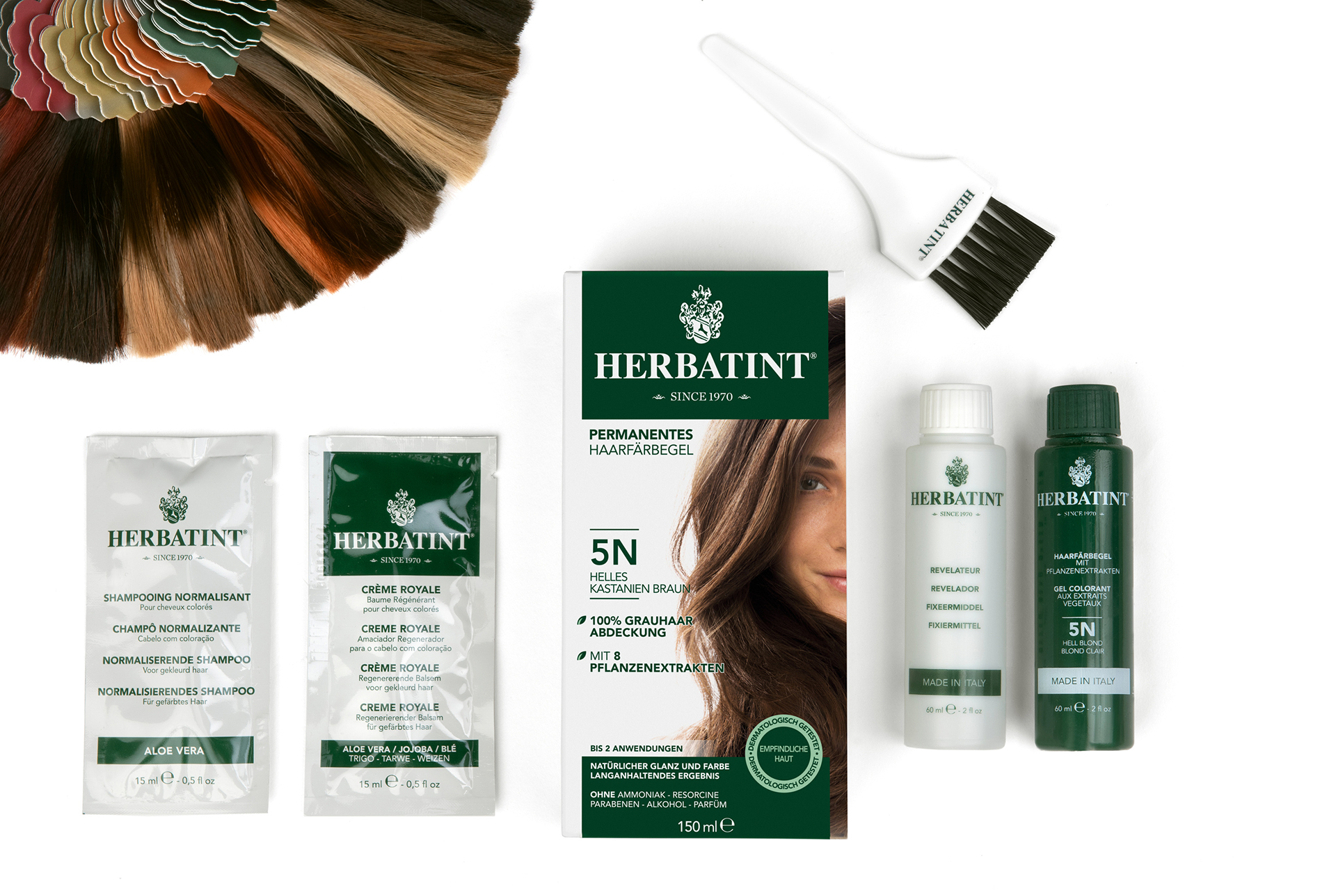 Jede Packung Haarfärbegel von Herbatint enthält die gewählte Farbe und das Fixiermittel sowie je eine Portion normalisierendes Shampoo und regenerierenden Pflegebalsam Crème Royale
